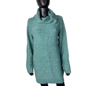 Molly Bracken Cowl Neck Knit Sweater Dress Blue White Speckled Long Sleeve L